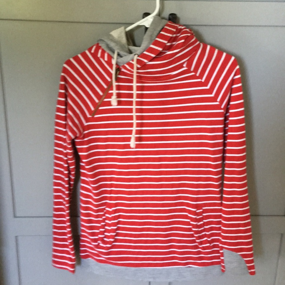 Mindy Mae Market striped double hood sweatshirt.